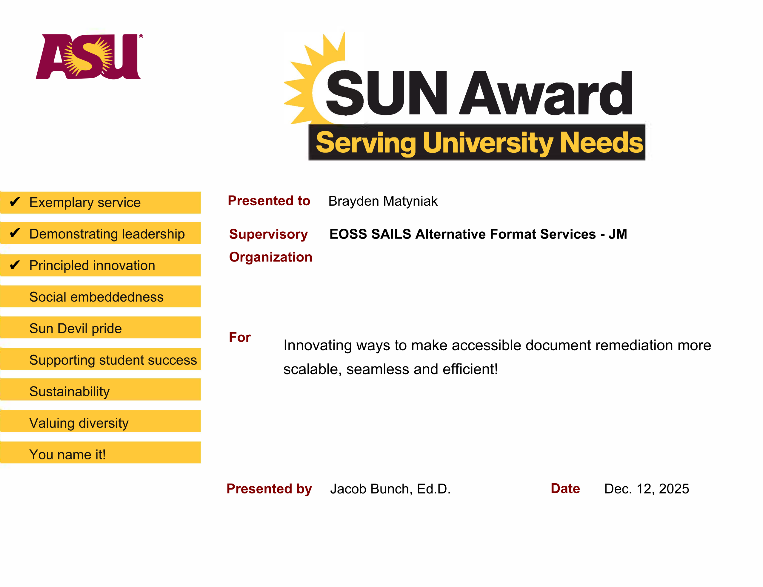 SUN Award from ASU presented to Brayden Matyniak