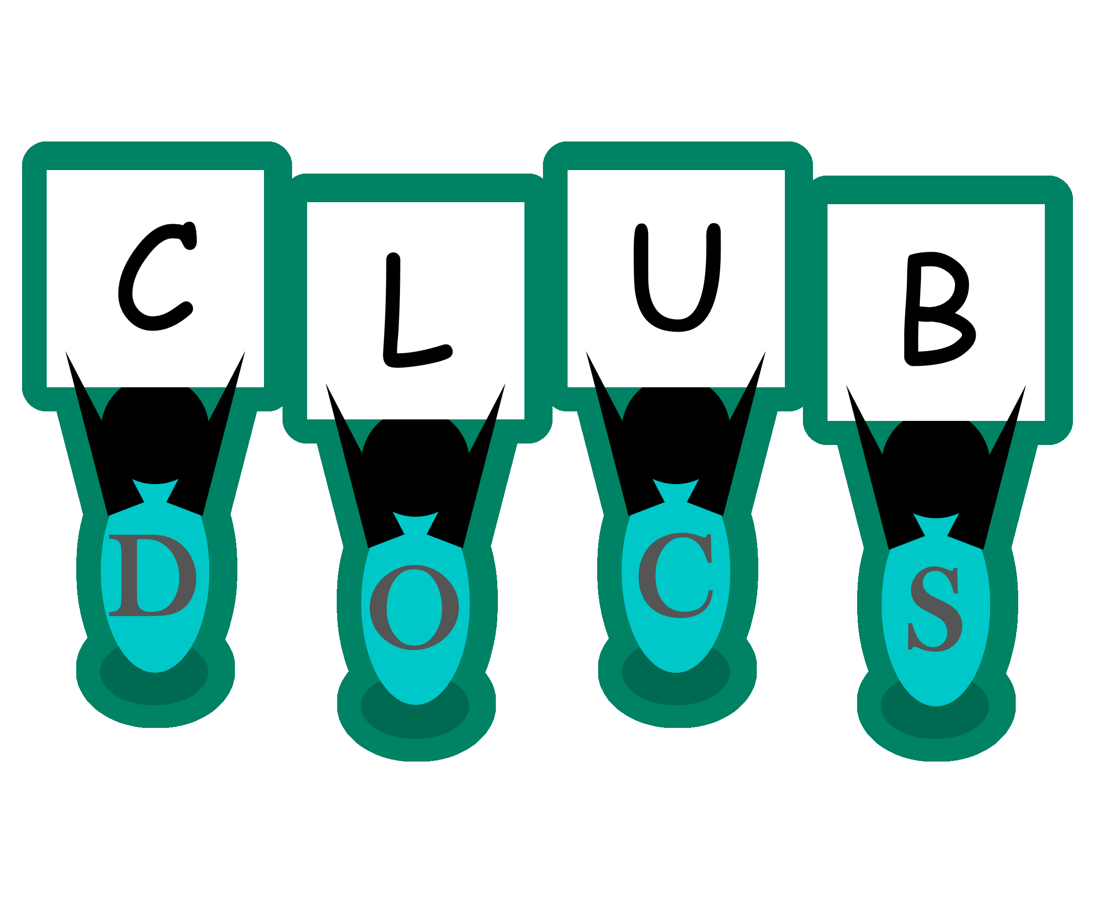 Club Docs logo. 40 figures holdings signs spelling "club," and shirts spelling "docs."
